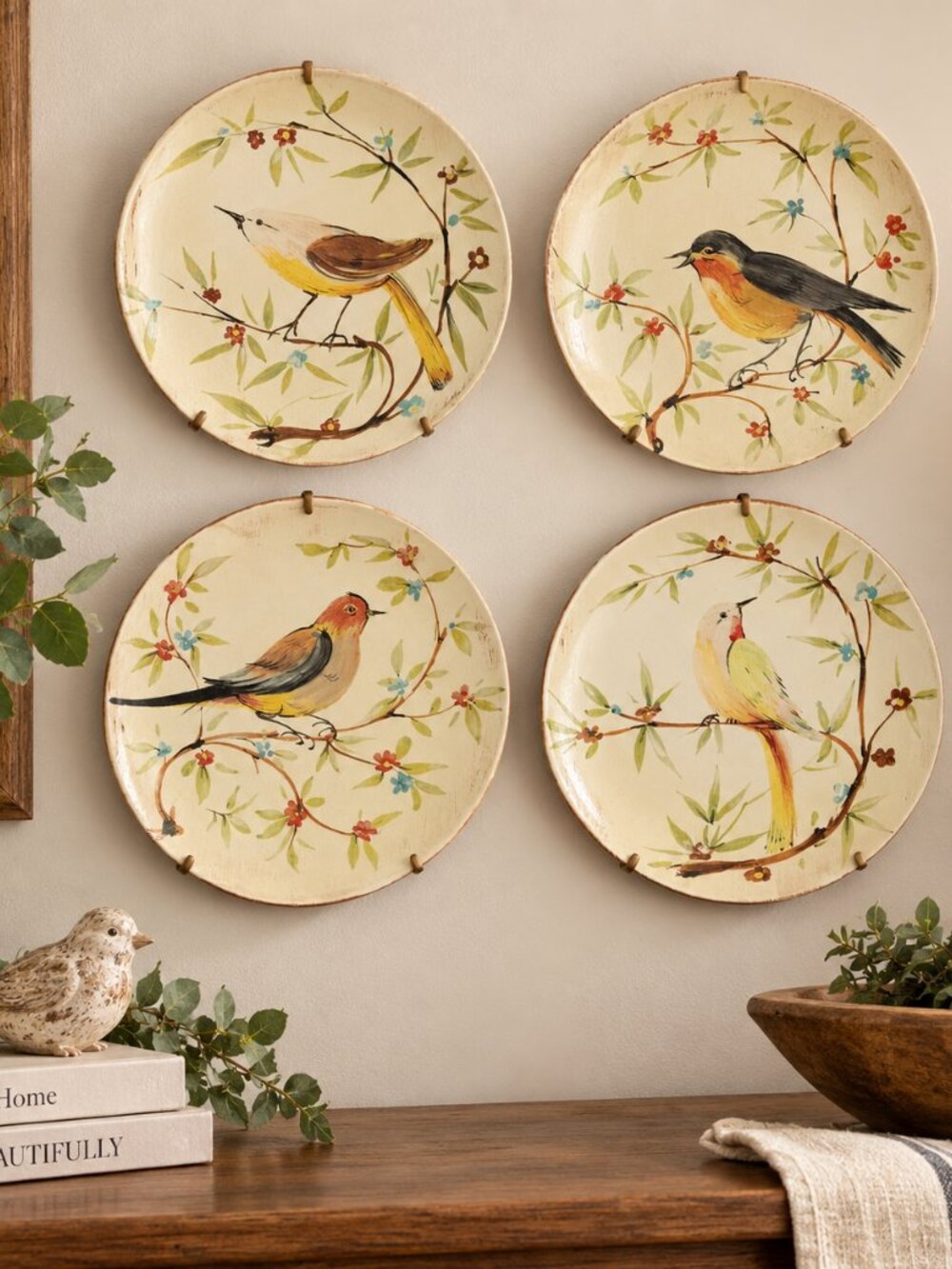 Pier 1 Imports Song Bird Lunch Plates Set of 4 Italy Botanical Bird Hand Painted